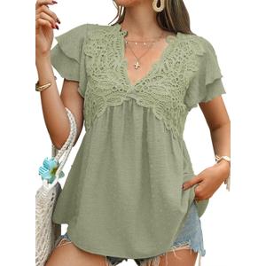 Womens Tops Boho Puff Short Sleeve V Neck Blouses for Women Dressy Casual Babydoll Cute Flowy Swiss Dot Shirts (Large, Green)