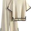 Faleave Womens Knit 2 Piece Sweater Sets Short Sleeve Pullover Tops Elastic Waist Wide Leg Pants Lounge Set (Beige, M)
