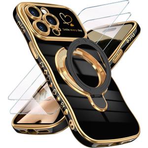 for iPhone 14 Pro Max Case with Screen Protector: Luxury Plated Gold Cute Wavy Edge Love Heart Kickstand Case, Slim Soft TPU Shockproof Protection Cover for iPhone 14 Pro Max (Black)