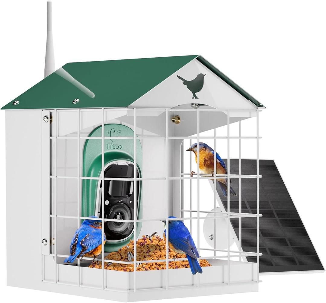 Titto Squirrel Proof Bird Feeder with Camera, Solar Power Metal Bird Feeder for Outdoors, Smart AI Identify Birds Species and Auto Capture Video, 2K Live Stream, Green & White
