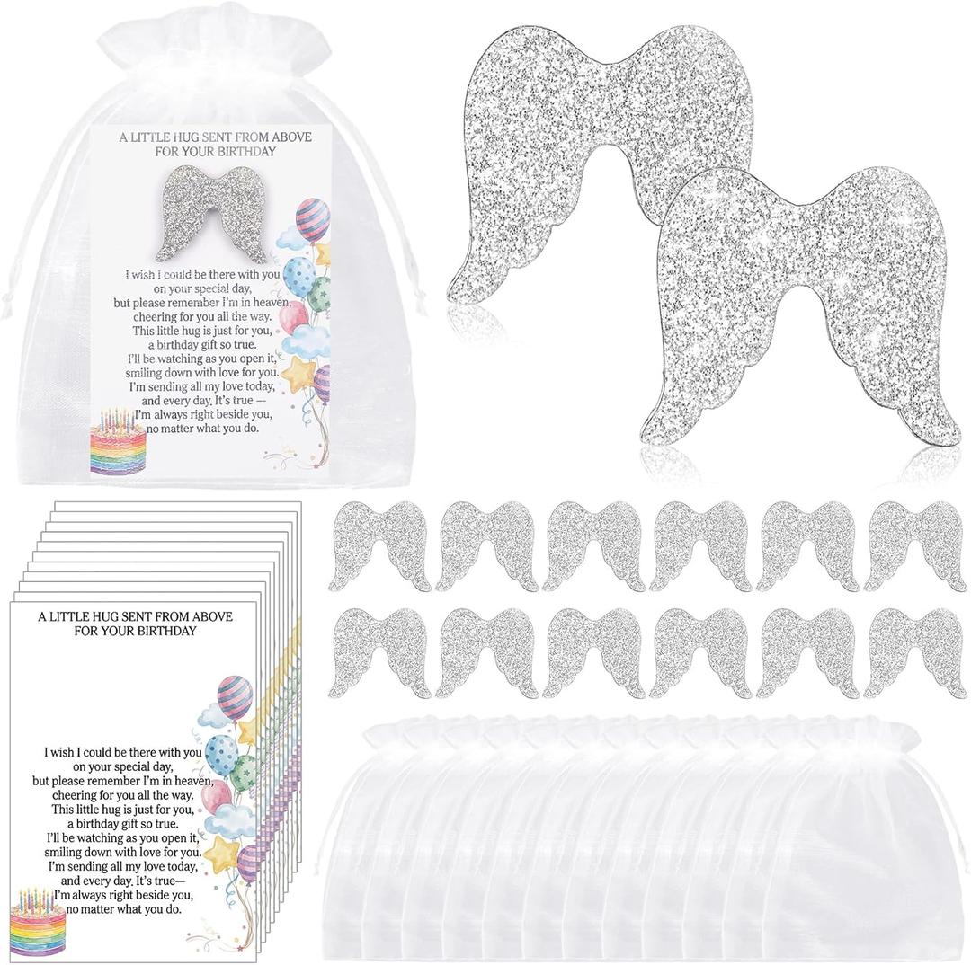 2 x Mifoci 12 Sets Happy Heavenly Birthday Decoration Wood Angel Pocket Hug Token Poem Card Organza Bags Funeral Favors Celebration of Life Favors for Heavenly Birthday Memorial Supplies Guest Return Gift
