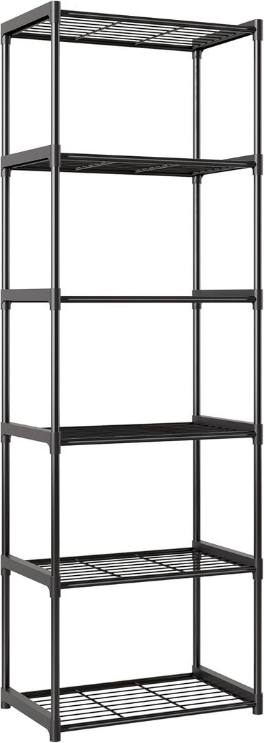 6-Tier Storage Shelves with Plastic Connectors – Metal Shelf Organizer for Pantry, Closet & Bathroom, Space-Saving Sturdy Shelving Unit Rack, Black， 17.3" x 12.8" x 70.9"