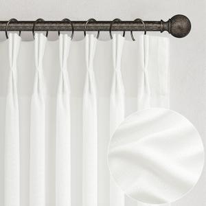 PleatedDrapes Light Filtering Pure White Curtains 84 Inches Long for Living Room, Modern Linen Blend Textured Sheer Memory Shape Trained Pleat Curtain Back Tab for Bedroom 2 Panel Set Window Drape 7FT