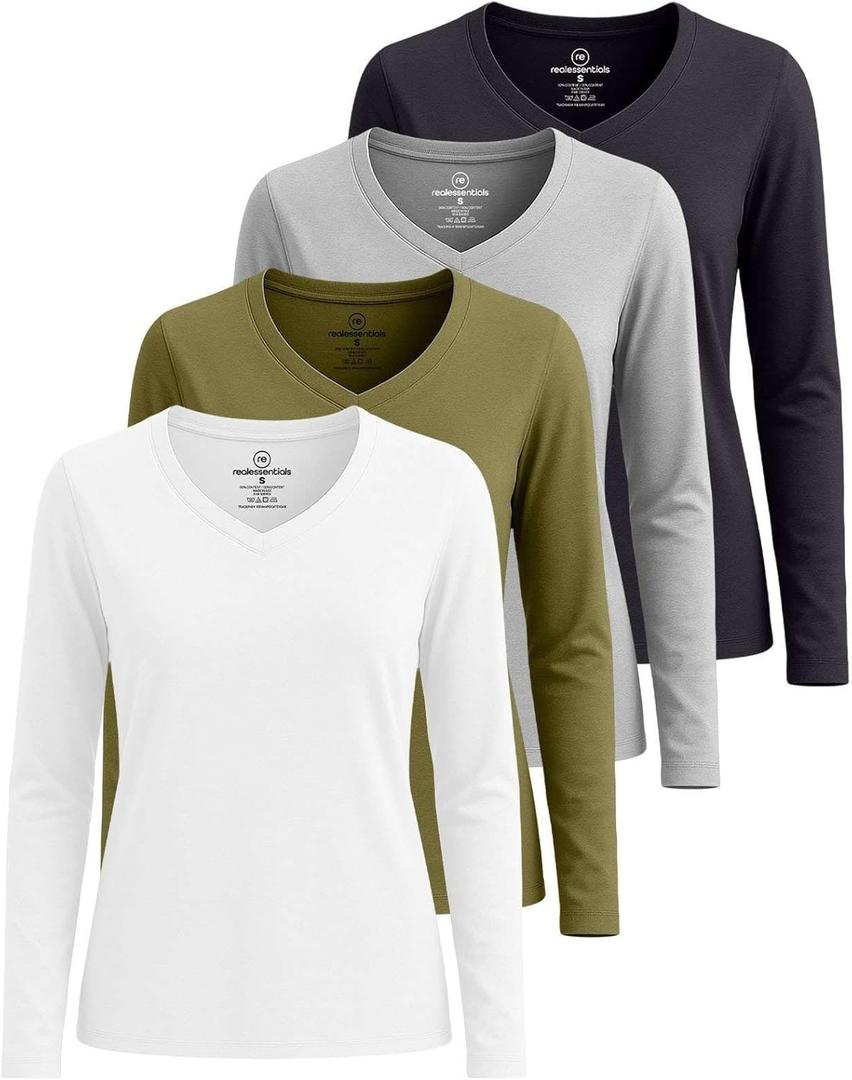 Real Essentials 4 Pack: Womens Cotton Long Sleeve V-Neck T-Shirts Soft Casual Lounge Tee Tops (Small)