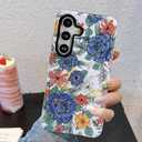 J.west Floral Galaxy S24 Plus Case 5G 6.7 inch - Vintage Blue Flowers Print, Slim Dual-Layer Hybrid Shockproof Bumper with Anti-Scratch Cover, Protective Phone Case for Women Girls