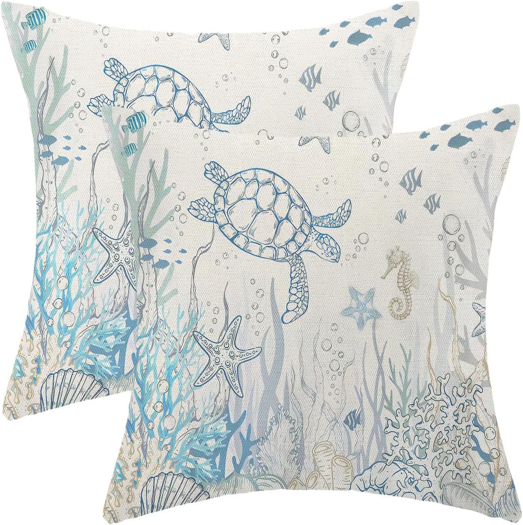 Summer Coastal Pillow Covers 18x18 Pack of 2 Ocean Themed Turtle Coral Starfish Seashell Throw Pillow Covers Outdoor Decoration, Beachy Nautical Decor Linen Decorative Cushion Case for Home Sofa