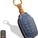 Leather Key Fob Cover, Compatible with Toyota Tundra Corolla Cross Venza Sequoia Highlander Avalon RAV4 Camry C-HR Prius, No Screw Design Key Holder Protector(4 Button, Blue)