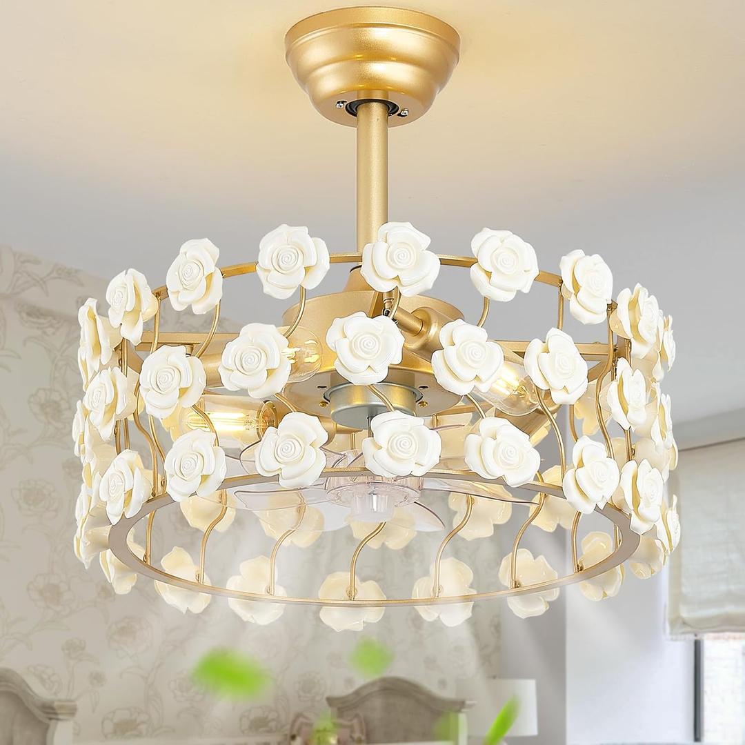 20" Gold Fandelier Ceiling Fan with Light, Caged Flower Chandelier Ceiling Fans with Lights Remote Control, Mid-Century Modern with 6 Speeds for Bedroom, Nursery