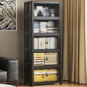 SAILUN 81Gal/325Qt Stackable Storage Bins Folding Collapsible Storage Bins with Lid, Closet Organizers and Storage Box with Door Black 22" W x 13" D x 62" H