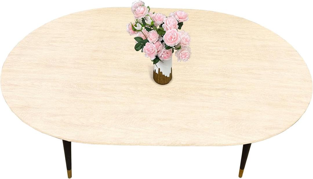 LIBERECOO Oval Fitted Vinyl Tablecloth - Cream Wood - 68" x 48" (Oval) - Waterproof, Elastic Edged for Secure Fit, Easy to Clean Plastic Table Cover