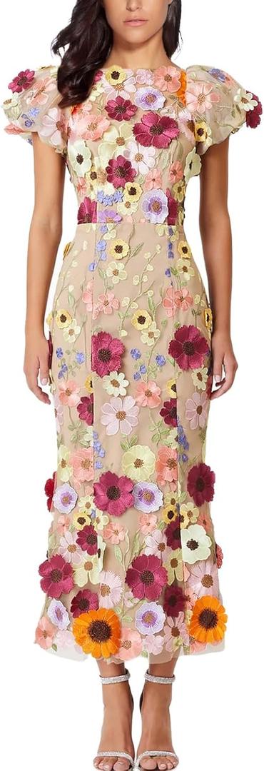 Women's 3D Floral Embroidery Dress Ruffle Sleeve Fishtail Lace Bodycon Party Cocktail Mini Dress (Apricot, M)