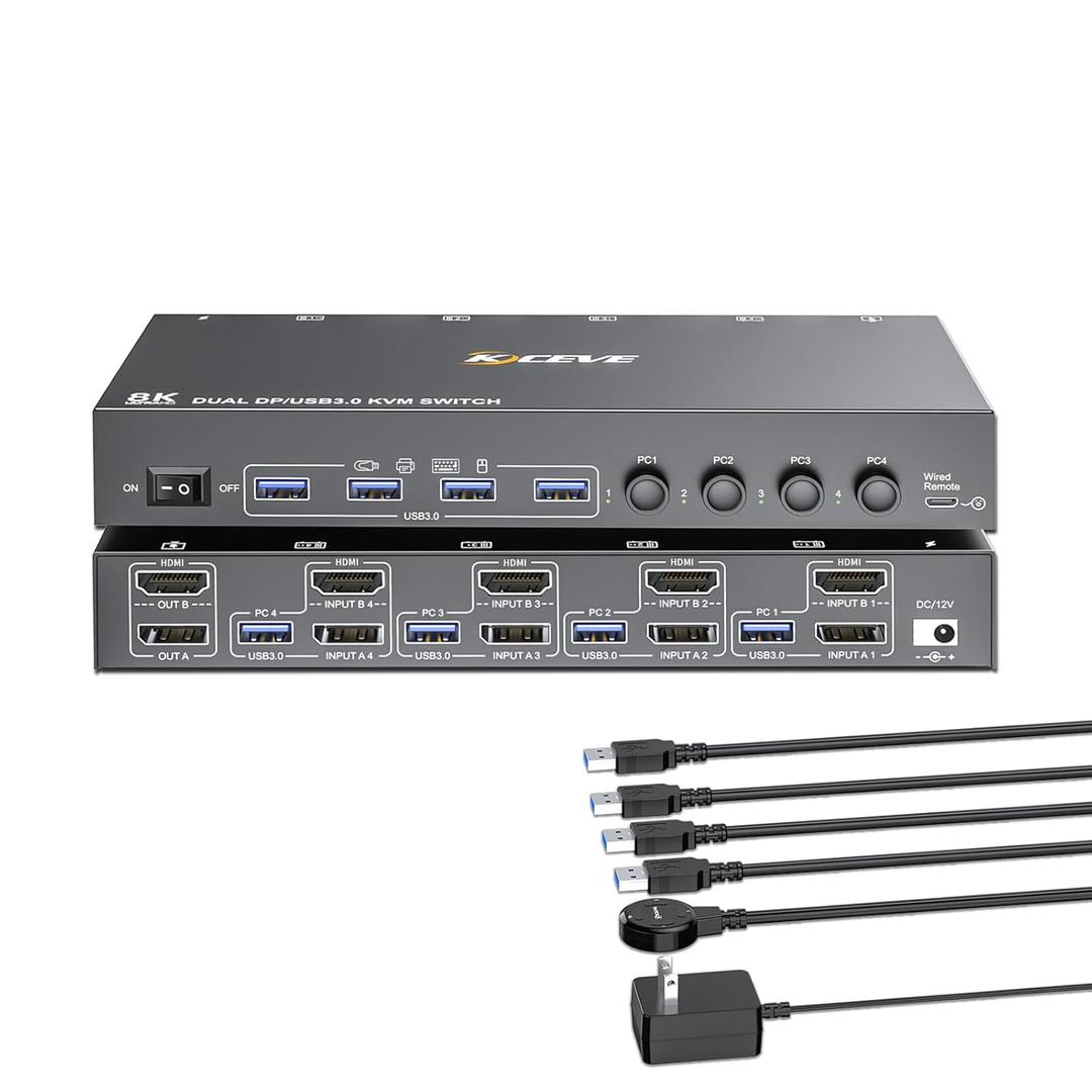 KVM Switch 2 Monitors 4 Computers HDMI + DisplayPort, KCEVE USB 3.0 DP KVM Switcher, 8K@30Hz/4k@144Hz DP KVM for 4 PC Share 2 Display and 4 USB 3.0 Devices
