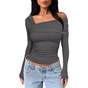Darong Women's Off Shoulder Tops Y2K Shirt Slim Fit Ruched Crop Top Long Sleeves Spring Fall Blouse Going Out Shirt (Gray, L)