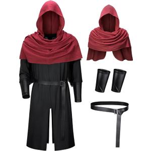 TOKYO REVENGERS Men Medieval Renaissance Pirate Costume Knight Cosplay Outfit LARP Costume Accessories Set (XX-Large, Black-wine Red)