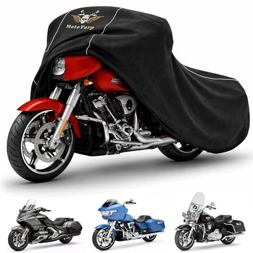 600D Heavy Duty Motorcycle Cover for Touring Models - Waterproof Outdoor Storage, All-Season Weatherproof with Air Vents, Exhaust Heat Shield, Wheel Lock Slots & Reflective Strips