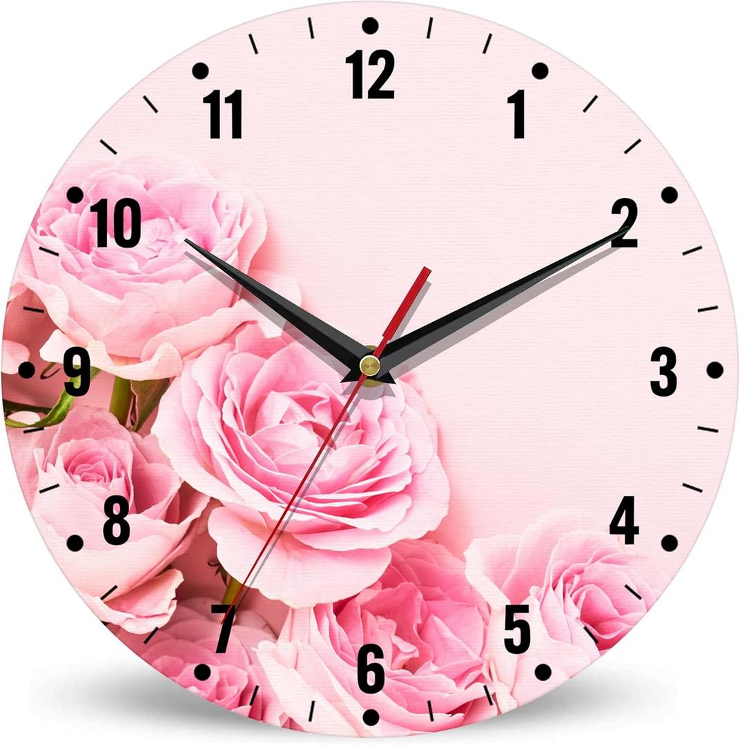 SPUNKER Wall Clock,Pink Roses Flowers Wall Clocks for Living Room Decor,Floral Kitchen Clocks Wall Battery Operated - 10 Inch Round Bathroom Wall Clock Silent Non-Ticking