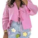 WDIRARA Women's Tie Front V Neck Blouse Long Sleeve Y2k Going Out Tops (Pink, S)