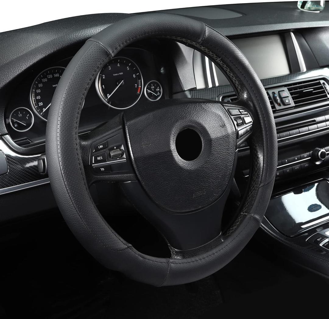 Microfiber Leather 16" Universal Fit Car Steering Wheel Cover, Elastic Nonslip Breathable and Odorless, Black