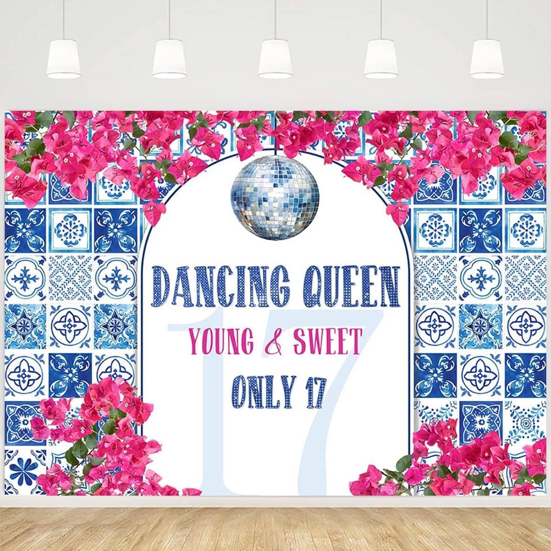 MEHOFOND 6x3.6ft Disco 17th Birthday Backdrop Dancing Queen Young Sweet Only 17 Photography Background Dance Theme Birthday Party Banner Blue Tiles Rose Red Floral Party Photo Props