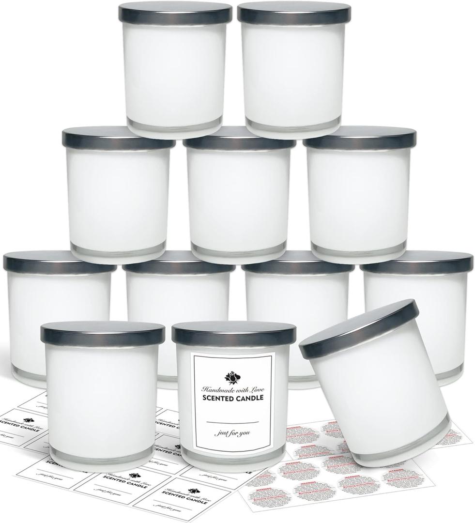 SUPMIND 12 Pack 10oz Glass Candle Jars with Lids and Sticky Labels, Empty Candle Jars for Making Candles Bulk Containers(Inner White)