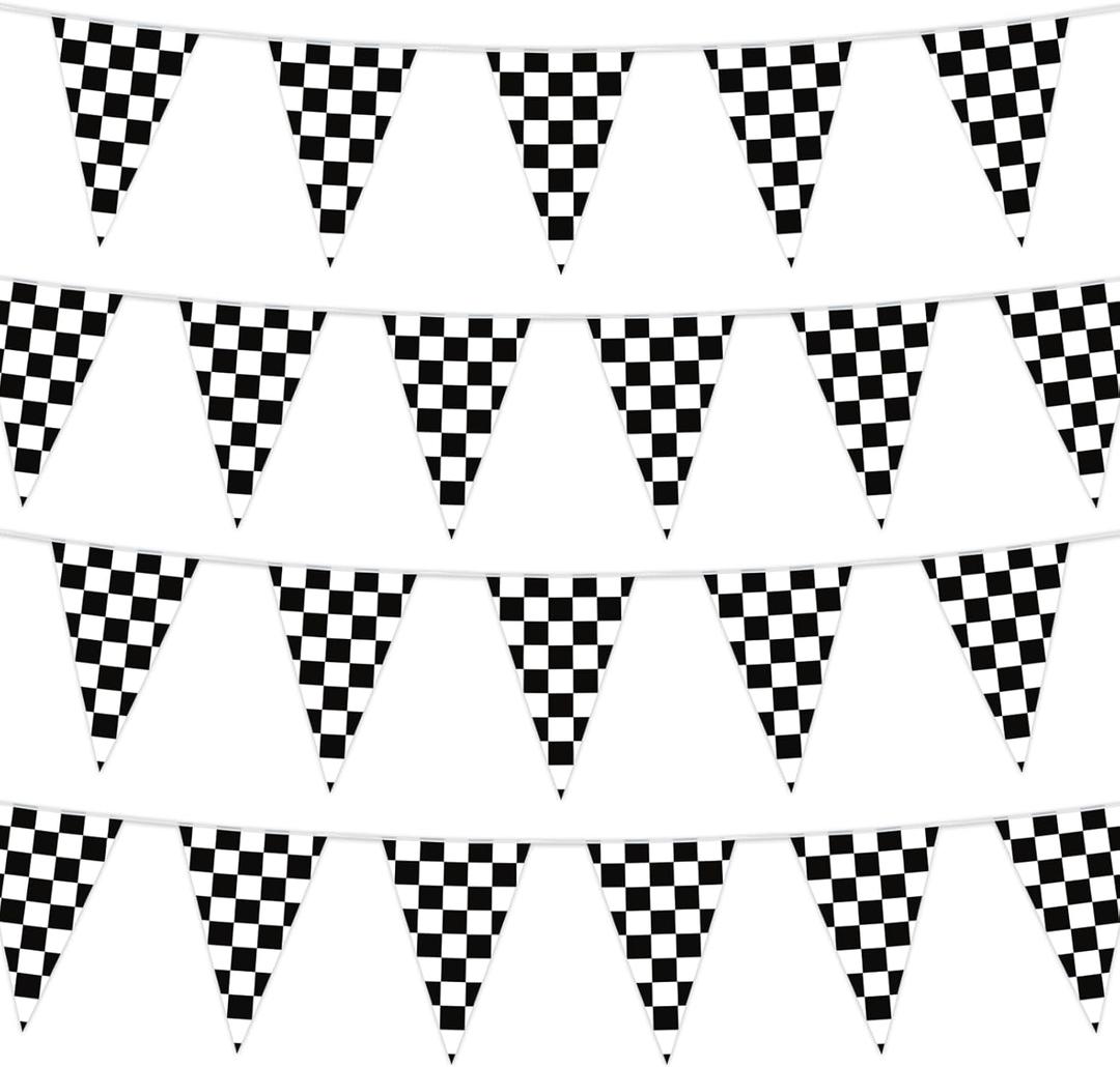 HOOSUN Checkered Flag Banner Race Cars Birthday Decorations,98 Ft 48 Pcs Checkered Flag Party Supplies,Racing Flags Decorations,Black and White Race Car Flag Pennant Banner for Nascar Cars Theme Party