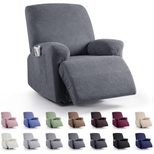 KinCam Recliner Chair Covers, Stretch Reclining Cover, Recliner Sofa Slipcovers Stripe Jacquard Recliner Couch Covers Furniture Protector Covers for Pet Kid (1 Seater, Dark Gray)
