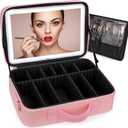Plus Size Travel Makeup Bag with Large Lighted Mirror, Makeup Cosmetic Train Case with Detachable Mirror and Light Waterproof Artist Organizer with Adjustable Dividers Gift for Women (Pink)