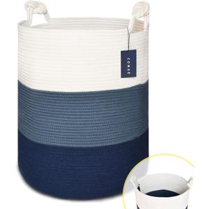 COMSE Extra Large Blanket Basket, Tall Woven Storage Basket, Nursery Hamper, 15.7x 21.7, Cotton Rope Laundry Hamper for Toys Clothes Towels, White/Cadet Blue/Navy Blue