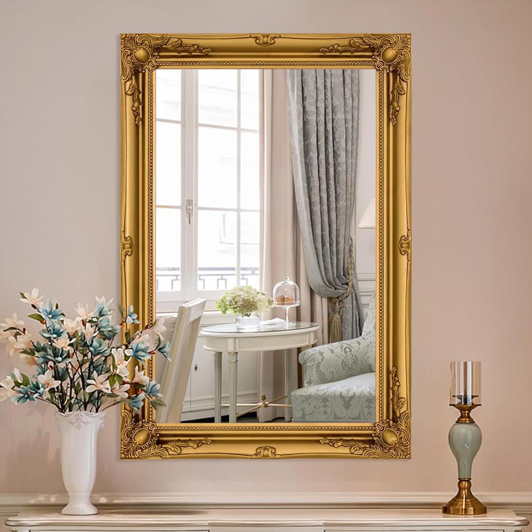 Antique Baroque Mirror, 37" x 26" Traditional Vintage Gold Mirrors with Ornate Frame, Retro Wall Decor for Living Room, Entryway, Fireplace, Dining Room, Hang Vertical or Horizontal