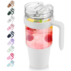 Tronco 40 oz Glass Tumbler with Straw and Lid, Leak-proof Flip Straw, Reusable Iced Coffee Cup with Handle, Glass Water Bottles Fits in Cup Holder, Lead-Free, BPA-Free