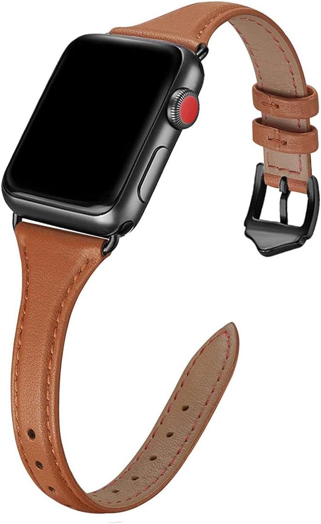 WFEAGL Compatible with Leather Apple Watch Band 41mm 40mm 38mm 42mm(series 11 10) Women, Top Grain Leather Strap Slim & Thin Replacement Wristband for iWatch Bands SE 3 2 1, Series 11 10 9 8 7 6 5 4 3 2 1 (Brown/Black)