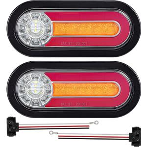 Partsam 2PCS 6 Inch Oval LED Trailer Tail Lights with Halo Glow 54 LEDs, 4-in-1 Stop Turn Tail Brake Reverse Combo Red/White/Amber, IP67 Waterproof Flush Mount Grommet Kit 10-30V, Patent Pending