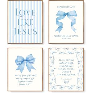LARTSFRO Coquette Blue Bow Jesus Wall Art Decor Posters, Light Blue Bow Christian Room Bedroom Bathroom Wall Art Decor Aesthetic for Teen Girls Gifts, Inspirational Bible Verses Bow Wall Decor, 12x16 Inch Set of 4 Bow Pictures(UNFRAMED)