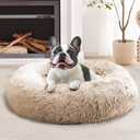 JOLLYVOGUE Calming Dog Bed Medium Size Dog, Anti-Anxiety Donut Medium Pet Bed, 27 inches Fluffy Faux Fur Round Cat Bed (Cream Brown)