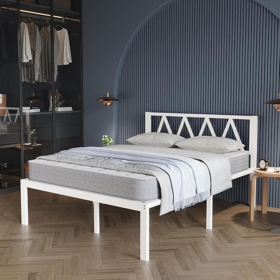 Avenco 14 Inch Full Size Bed Frame with Headboard, White Metal Platform Bed Frame, Full Bed Frame No Box Spring Needed, Easy Assembly, Heavy Duty Slats Support