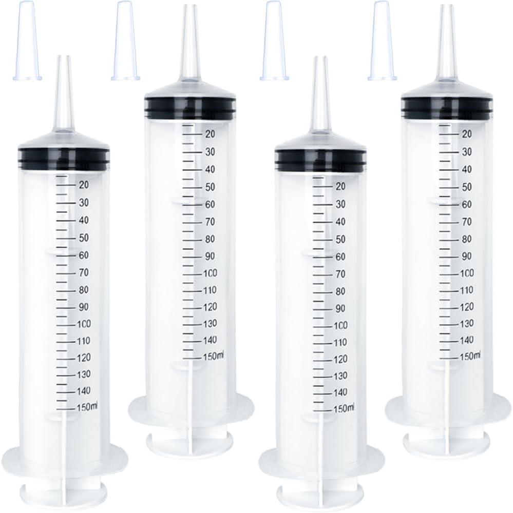 4 Pack 150mL Large Syringe for Liquid with Tip Cap, Plastic Liquid Syringes Individually Sterile Sealed