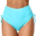Women's High Waisted Full Coverage Cheeky Bikini Bottoms Tummy Control Adjustable Dtawstring Swim Bottoms (Large)