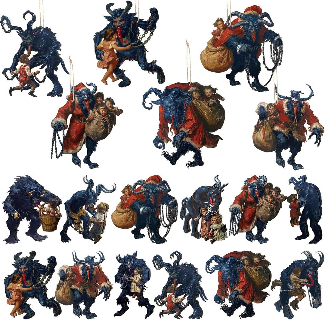 24 Pcs Wood Christmas Ornaments Krampus Horror Hanging Ornament with Rope Folklore Christmas Tree Ornaments for Xmas Halloween Holiday Xmas Tree Party Decoration