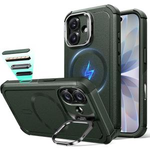 ESR for iPhone 17 Case with Stash Stand, 7X Military-Grade Drop Protection with Camera Control, Shock-Absorbing Phone Rugged Cover, Compatible with MagSafe Accessories, Cyber Series, Green