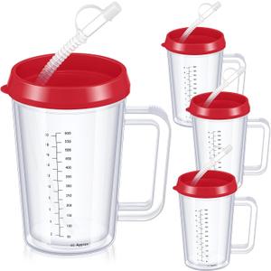 4 Pcs 20 oz Hospital Water Cup with Straw and Lid Insulated Double Walled Water Bottle Hospital Carafe Mug with Handle Graduated Plastic Elderly Drinking Cup with Straw(Red)