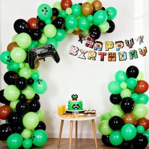 Pixel Balloon Arch Garland Kit - Miner Birthday Decorations Banner Black Green Brown Game Controller Mylar Balloons Miner Balloon Arch kit Pixel Game Birthday Party Decorations for Boys