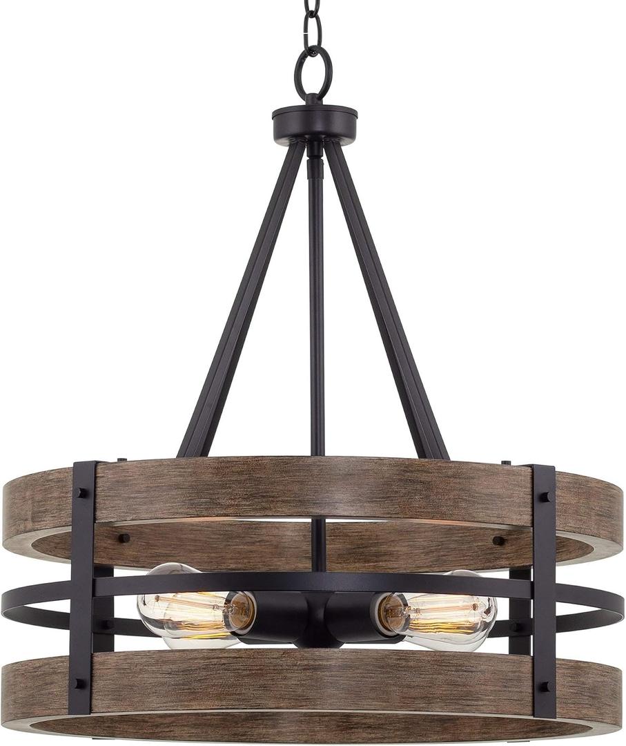 Kira Home Maybrook 23" Modern Industrial 4-Light Drum Chandelier with Hand-Painted Wood Grain Metal, Rustic Farmhouse Double Band Pendant Light, Reclaimed Oak Wood and Black Finish