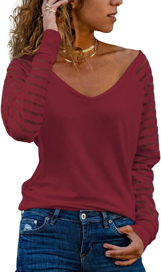 AISEW Womens Long/Short Sleeve V Neck T-Shirt Striped Sheer Mesh Raglan Tees Loose Casual Tops (Red, L)