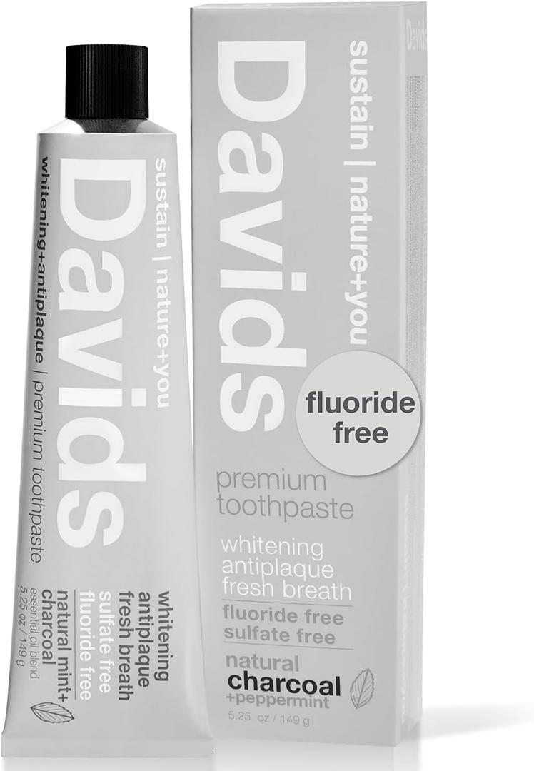 Davids Charcoal Toothpaste for Enhanced Teeth Whitening, Peppermint, Antiplaque, Flouride Free, SLS Free, Enamel Safe, Toothpaste Squeezer Included, Recyclable Metal Tube, 5.25oz