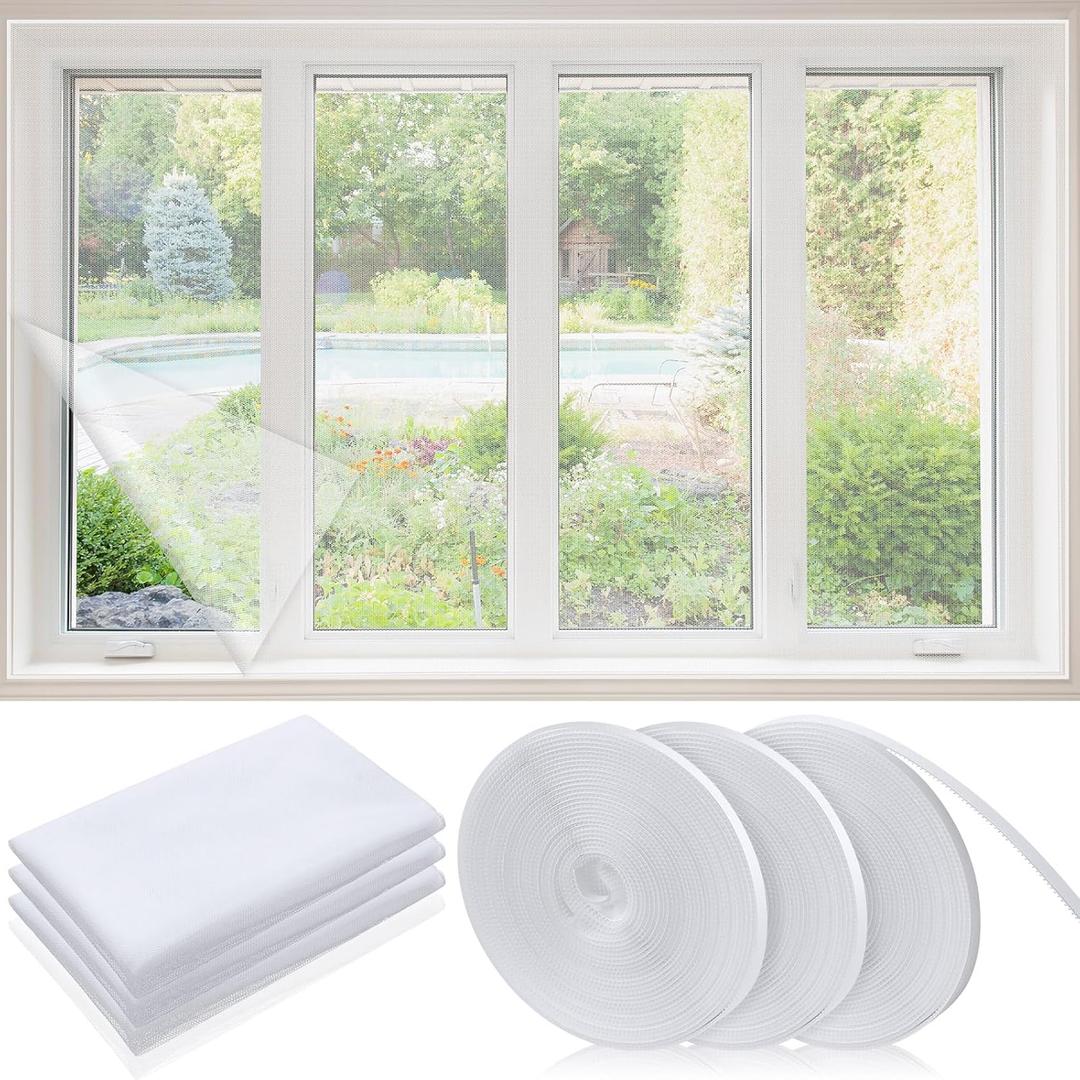 3 Pcs 47 x 63 Inch Window Screen Replacement Kit DIY Self Adhesive Cuttable Invisible Screen Mesh with Adhesive Straps Reusable Mesh for Patio Summer Window Air Filtration Keep Form Bugs
