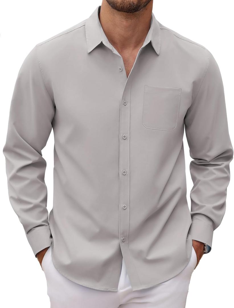 COOFANDY Men's Long Sleeve Button Down Dress Shirts Casual Business Casual Shirt Wrinkle Free Untucked Shirts Light Grey