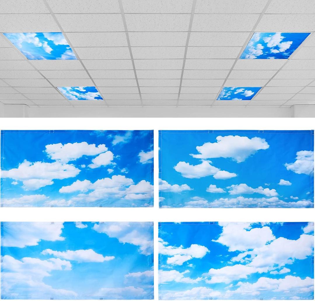 Hortsun 4 Pcs 4 x 2 Feet Fluorescent Light Covers for Ceiling Classroom Office Magnetic Filters Light Diffusers for Reducing Harsh Glare Flicker Home Decorations (Blue Sky Cloud)