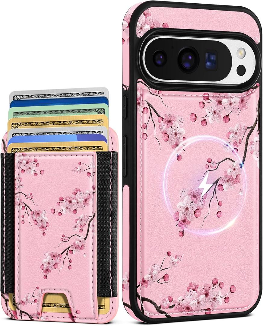 Shorogyt for Google Pixel 9/9Pro Cute Kawaii Leather Phone Case - Compatible with Magsafe Wallet Magnetic Credit Card Holder Peach Blossom Design Phone Cover for Women Girls, Fits 7 Cards