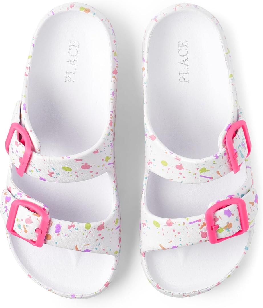 The Children's Place Girls Double Buckle Slip On Slide Sandals, White Paint Splatter, 13 Little Kid