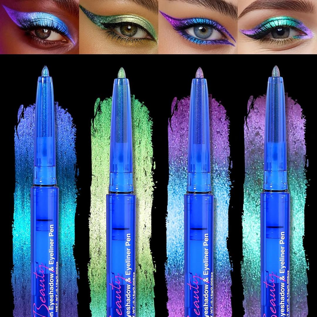 4PCS Chameleon Metallic Eyeshadow & Eyeliner Gel Pencil Set  Multichrome Shifting Colors Glitter Eye Makeup, Waterproof Long-Lasting Smudge-Proof Duochrome Pencil for Multi-Dimensional Looks